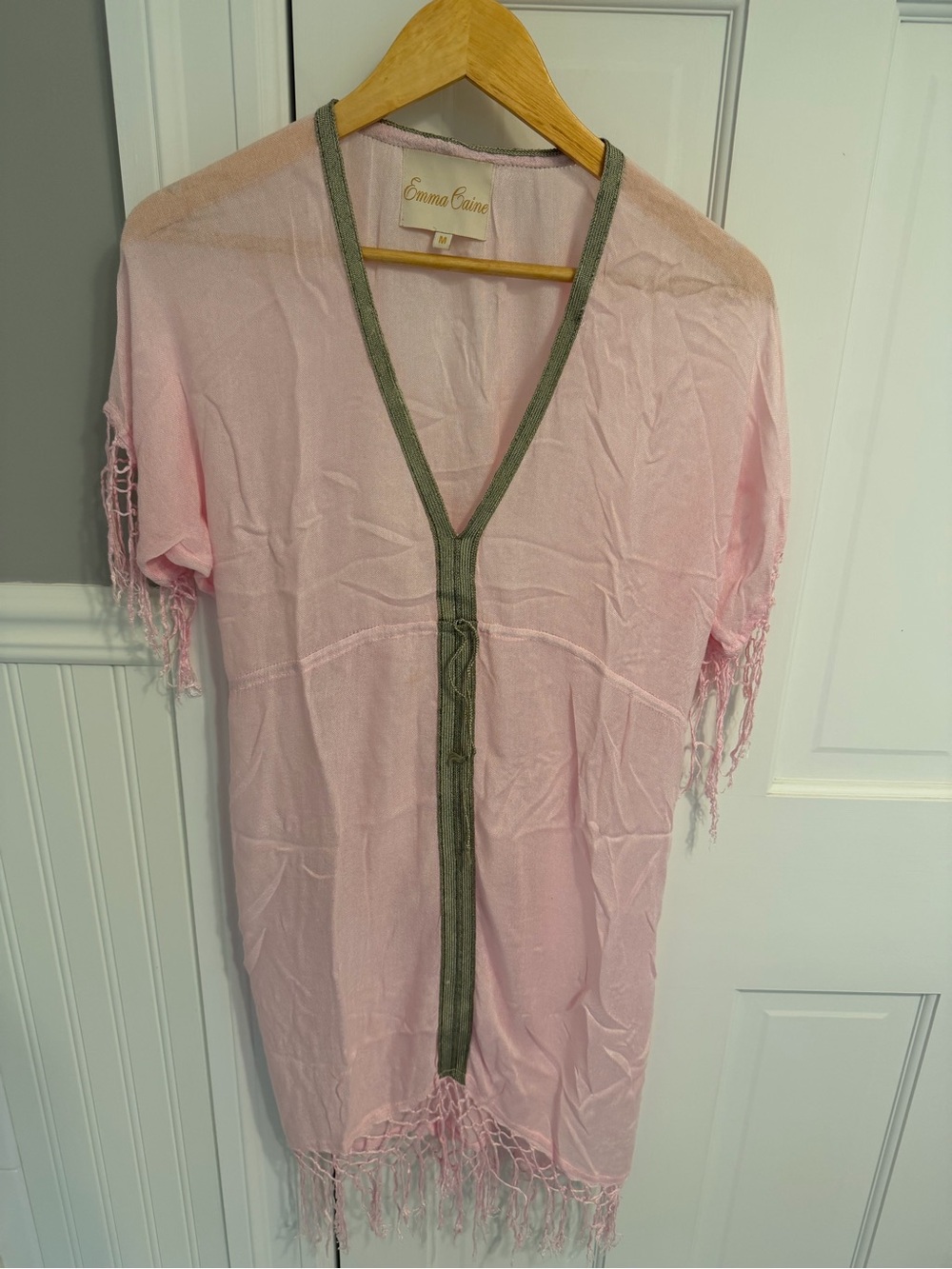 Pink Fringe V-Neck Women's Top with Olive Trim